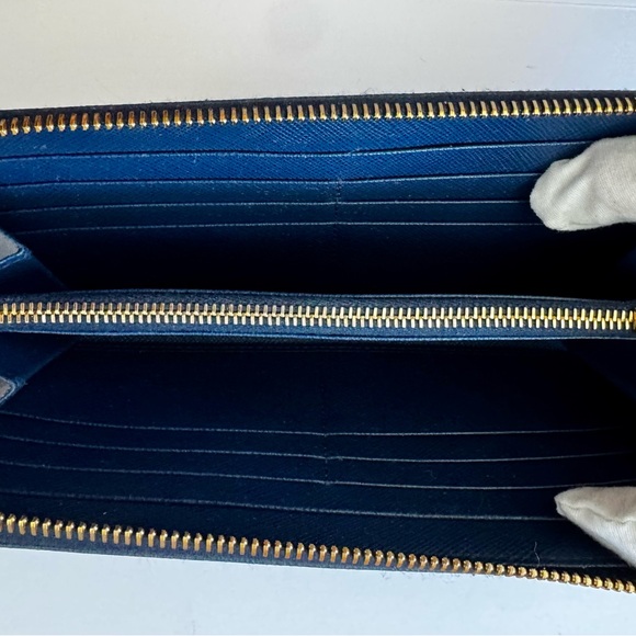 Excellent Blue Prada Zip-Around Wallet with Gold Accents - Picture 6 of 9